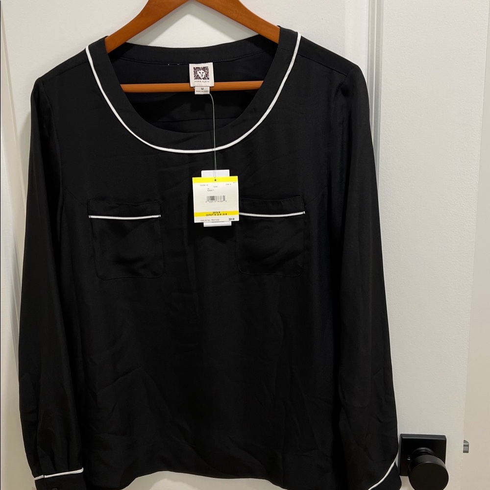 Anne Klein Black Blouse with White Piping